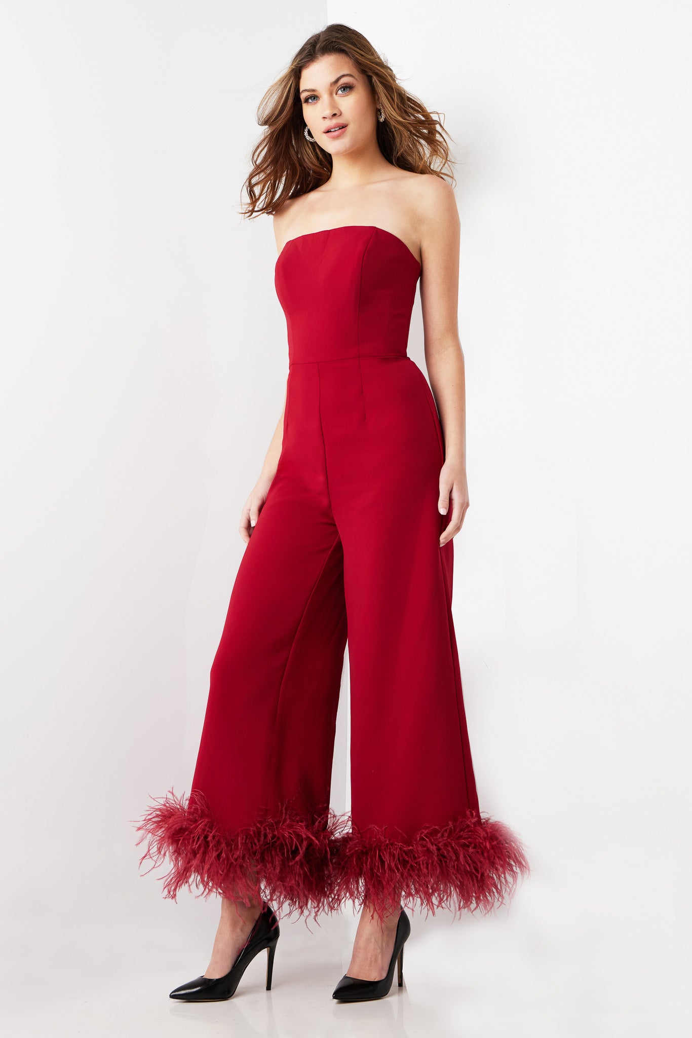 Katie | Strapless Jumpsuit with Feather Detail | Jovani 22590