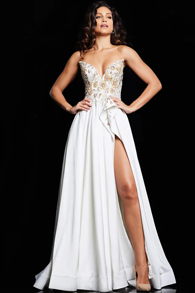 Dakota | Off White Strapless High Slit Evening Gown | Jovani 23937