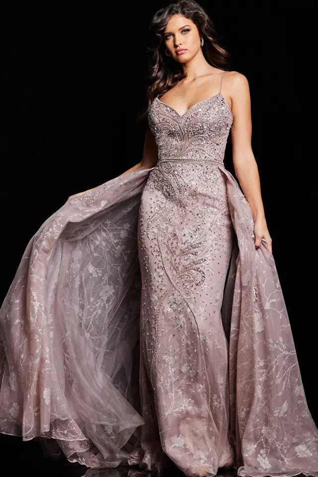 Milita | Beaded Glitter Gown with Overskirt | Jovani 24001