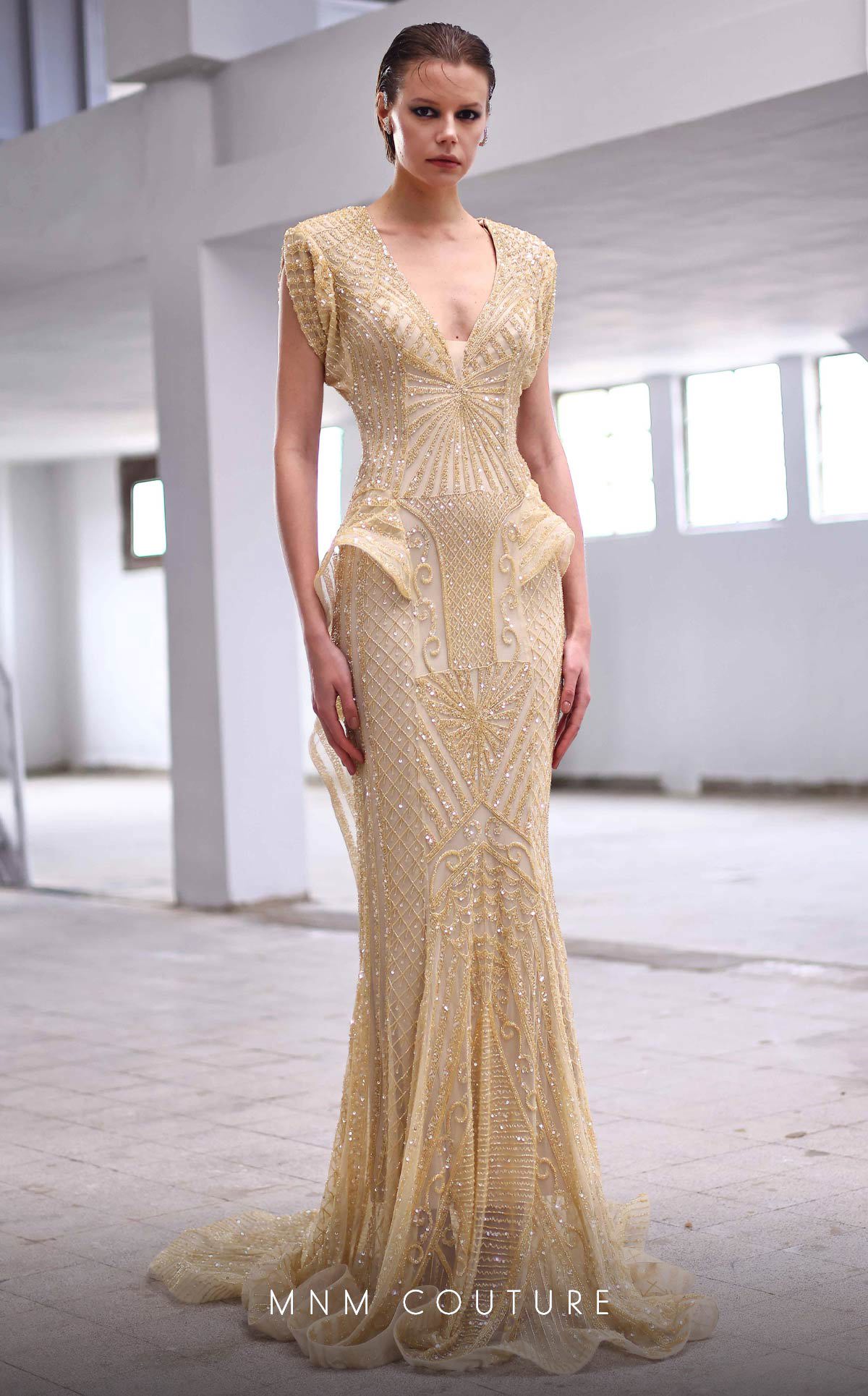 Valencia | Beaded Cap Sleeve Evening Gown | MNM Couture M1004